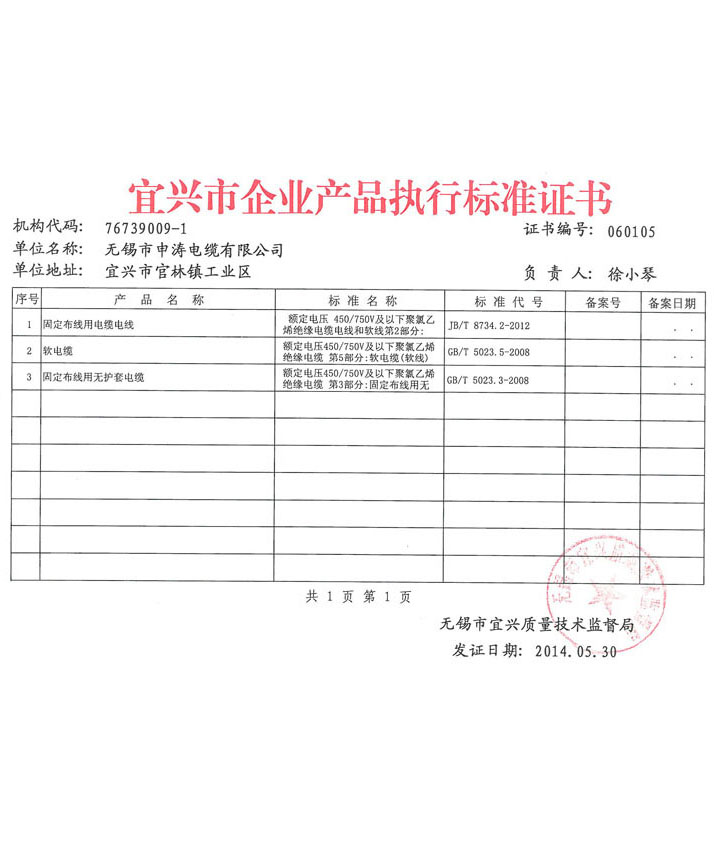 企业产品执行标准证书